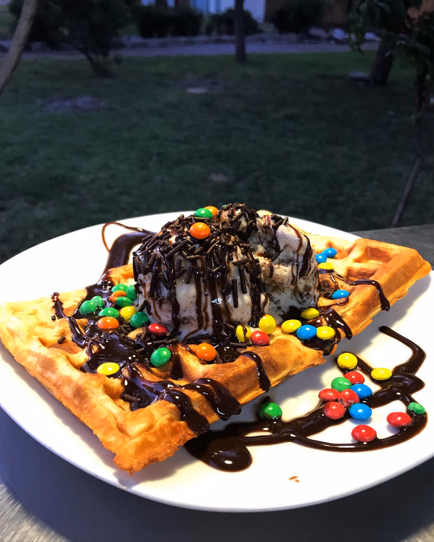 Waffle con bola de helado, salsa de chocolate y bolitas de colores, con pasto y árboles detrás al atardecer