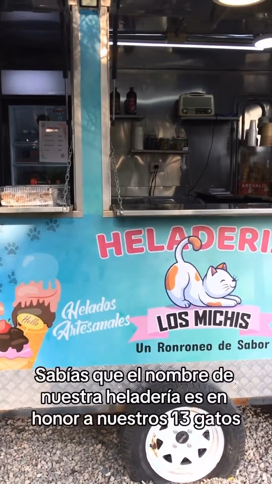 Carro de helados celeste con el letrero de Los Michis y un gato calicó dibujado